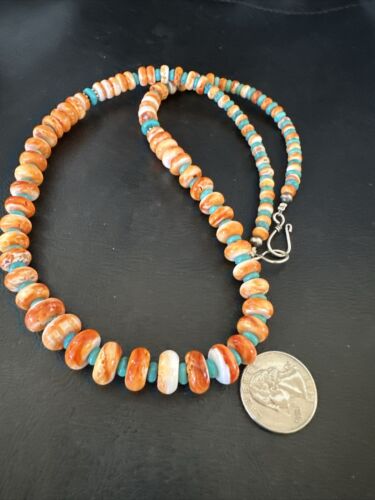 Navajo Orange Spiny Blue Turquoise Necklace | Sterling Silver | 23" | Authentic Native American Handmade | 17544