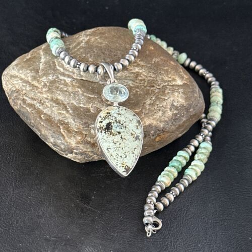 Navajo Green Turquoise Pendant Necklace | Sterling Silver | 21" | Authentic Native American Handmade | 14473