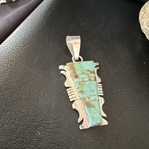 Navajo Blue #8 Turquoise Inlay Pendant | Sterling Silver | 2" | Authentic Native American Handmade | 15684