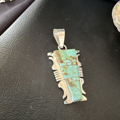 Navajo Blue #8 Turquoise Inlay Pendant | Sterling Silver | 2" | Authentic Native American Handmade | 15684