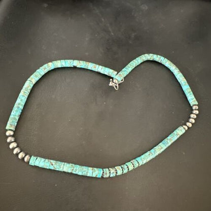 Navajo Blue Turquoise Heishi Bead Necklace | Sterling Silver | 21" | Authentic Native American Handmade | 17257