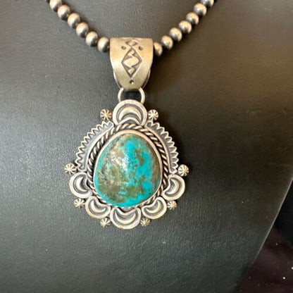 Navajo Blue Kingman Turquoise Pendant Necklace | Sterling Silver | 20" | Authentic Native American Handmade | 16352