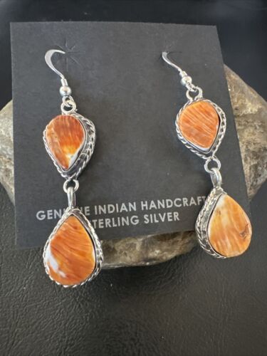 Navajo Orange Spiny Oyster Dangle Earrings | Sterling Silver | 1.5" | Authentic Native American Handmade | 16573
