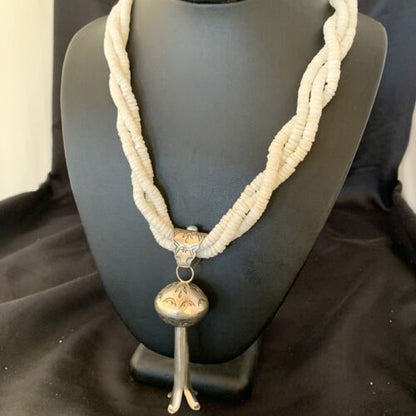 Navajo White Shell Blue Turquoise Necklace with Naja Pendant | Sterling Silver | 4" | 10955
