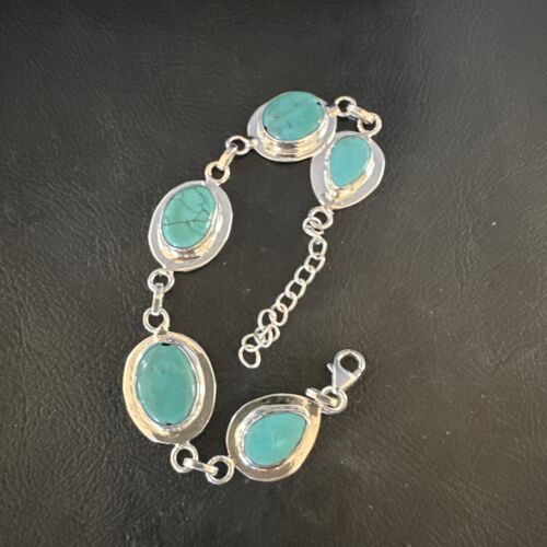 Navajo Blue Turquoise Link Bracelet | Sterling Silver | 8" | Authentic Native American Handmade | 15478
