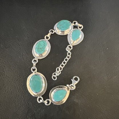 Navajo Blue Turquoise Link Bracelet | Sterling Silver | 8" | Authentic Native American Handmade | 15478