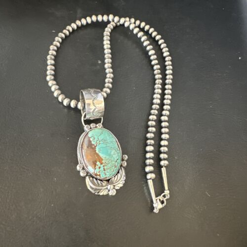Men's Blue #8 Turquoise Pendant Necklace | Navajo Sterling Silver | Authentic Native American Handmade | 14975