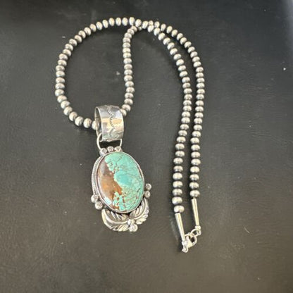 Men's Blue #8 Turquoise Pendant Necklace | Navajo Sterling Silver | Authentic Native American Handmade | 14975