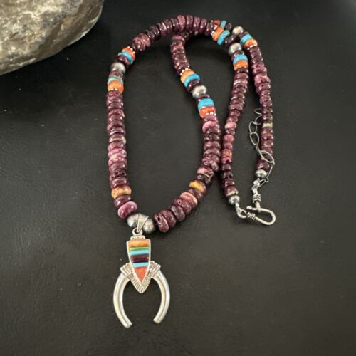 Navajo Purple Spiny Oyster Turquoise Naja Pendant Necklace | Sterling Silver | Authentic Native American Handmade | 16809