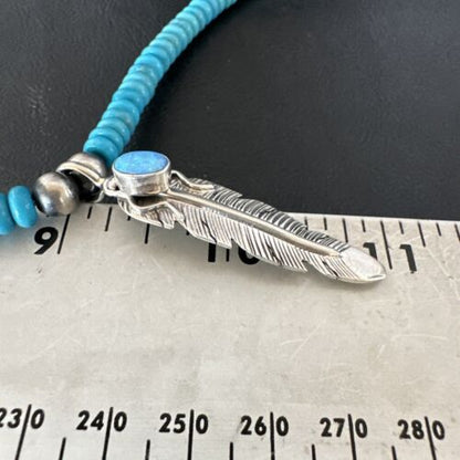 Men's Blue Turquoise Navajo Necklace | Sterling Silver Feather Opal Pendant | Native American Handmade | 17438