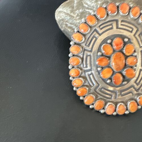Navajo Orange Spiny Oyster Cluster Concho Belt Buckle | Sterling Silver | Authentic Native American Handmade | 16344