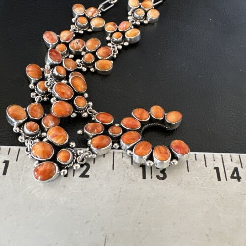 Navajo Orange Spiny Oyster Squash Blossom Necklace | Sterling Silver | Authentic Native American Handmade | 16830