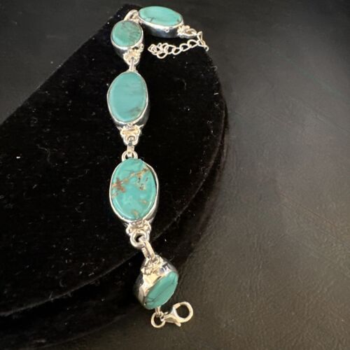 Navajo Blue Turquoise Link Bracelet | Sterling Silver | 8" | Authentic Native American Handmade | 15468