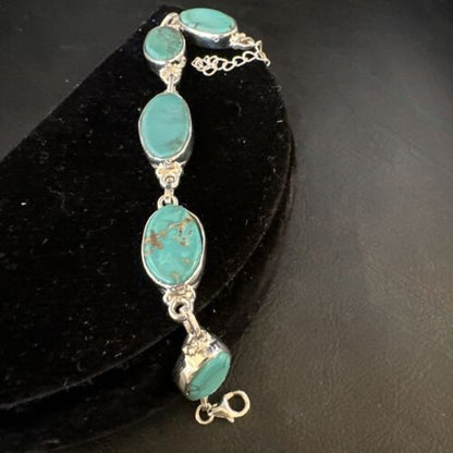 Navajo Blue Turquoise Link Bracelet | Sterling Silver | 8" | Authentic Native American Handmade | 15468