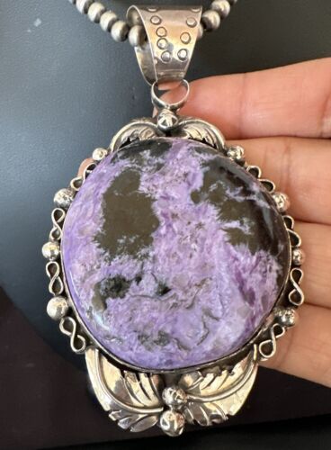 Navajo Purple Charoite Pendant with Pearls | Sterling Silver Necklace | Authentic Native American Handmade | 17154
