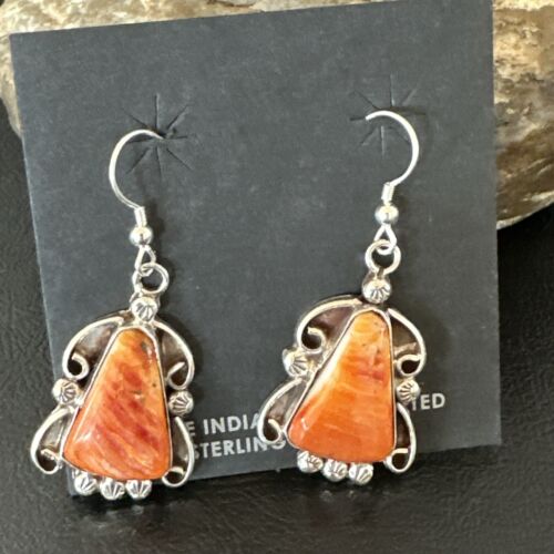 Navajo Orange Spiny Oyster Dangle Earrings | Sterling Silver | Authentic Native American Handmade | 17269