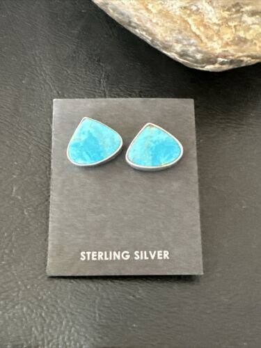 Navajo Blue Kingman Turquoise Post Stud Earrings | Sterling Silver | Authentic Native American Handmade | 17482