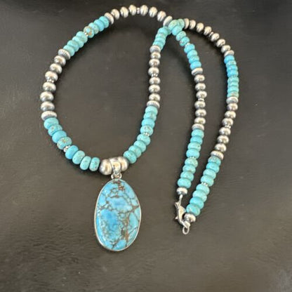 Men's Blue Spiderweb Turquoise Pendant Necklace | Navajo Sterling Silver | Authentic Native American Handmade | 16647