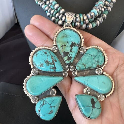Navajo XL Blue Turquoise Cluster Naja Pendant Necklace | Sterling Silver | 21" | 16678