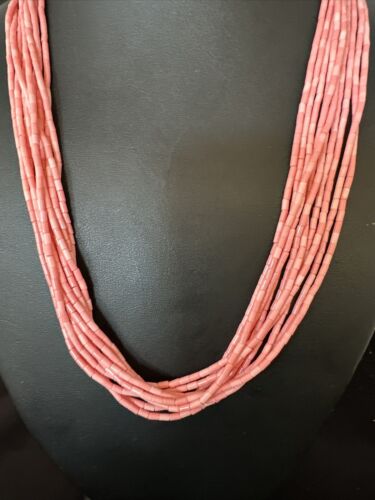 Pink Conch Tube Heishi Bead Necklace | 10 Strand Navajo Sterling Silver | 19" | 15086