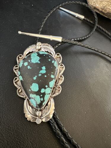 Men's Blue Spiderweb Turquoise Bolo Tie | Navajo Sterling Silver | Authentic Native American Handmade | 15008