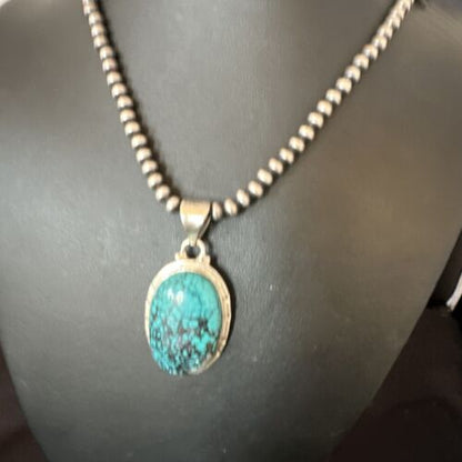 Men's Navajo Blue Spiderweb Turquoise Pendant Necklace | Sterling Silver | Authentic Native American Handmade | 16220