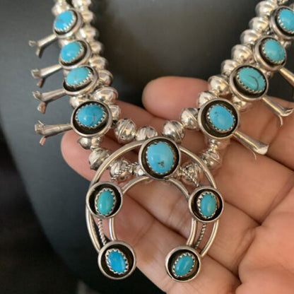 Navajo Kingman Turquoise Shadowbox Squash Blossom Necklace | Sterling Silver | Native American Handmade | 13677