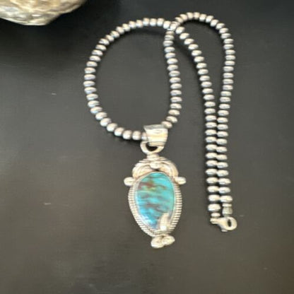 Navajo Blue Turquoise Pendant Necklace | Sterling Silver Pearls | Authentic Native American Handmade | 15647