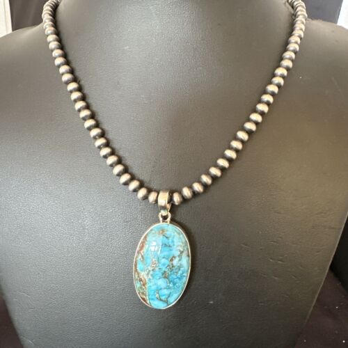 Men's Navajo Blue Spiderweb Turquoise Pendant Necklace | Sterling Silver | Authentic Native American Handmade | 16299
