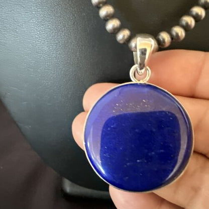 Navajo Blue Lapis Pendant with Pearls | Sterling Silver Necklace | 20" | Authentic Native American Handmade | 16660