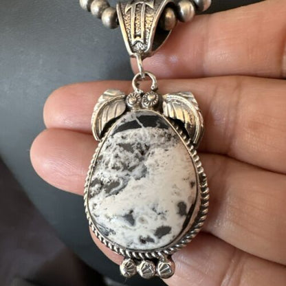 Navajo White Buffalo Turquoise Pendant Necklace | Sterling Silver | Authentic Native American Handmade | 17524