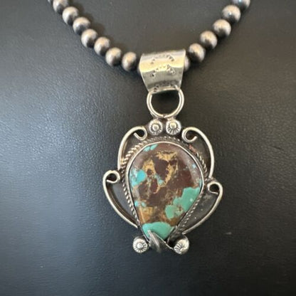 Navajo Blue Turquoise Pendant Necklace | Sterling Silver Pearls | Authentic Native American Handmade | 15649