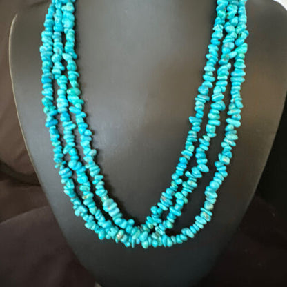 Blue Kingman Nugget Turquoise Necklace | 3-Strand Navajo Sterling Silver | 20" | 15340