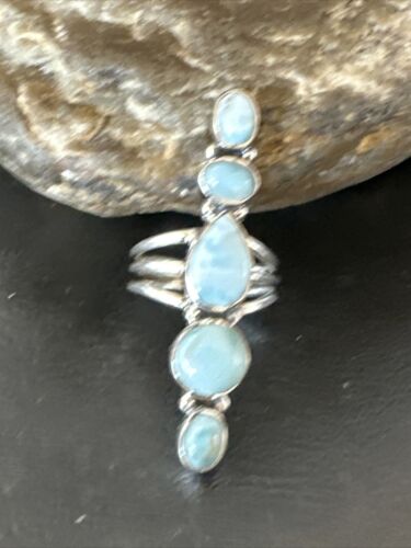 Navajo Women's Cluster Blue Larimar Ring | Authentic Native American Sterling Silver | Multi-Stone | Sz 8 | 16158