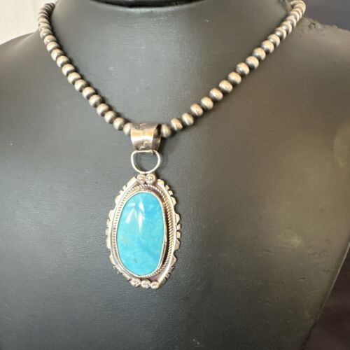 Navajo Pearls Kingman Turquoise Pendant Necklace | Sterling Silver | Authentic Native American Handmade | 17133