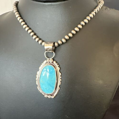 Navajo Pearls Kingman Turquoise Pendant Necklace | Sterling Silver | Authentic Native American Handmade | 17133