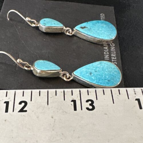 Navajo Blue Kingman Turquoise Dangle Earrings | Sterling Silver | Authentic Native American Handmade | 15110