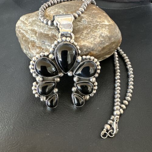Navajo Men's Black Onyx Naja Pendant Necklace | Sterling Silver | 16103