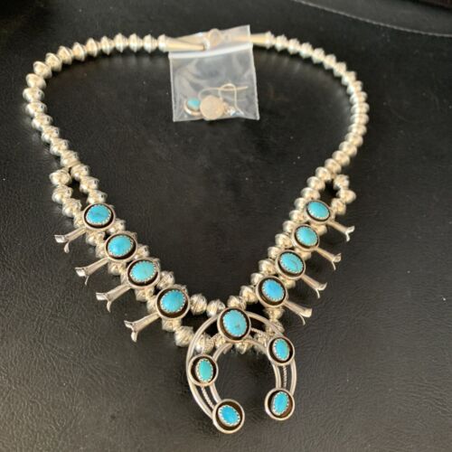 Navajo Kingman Turquoise Shadowbox Squash Blossom Necklace | Sterling Silver | Native American Handmade | 13677