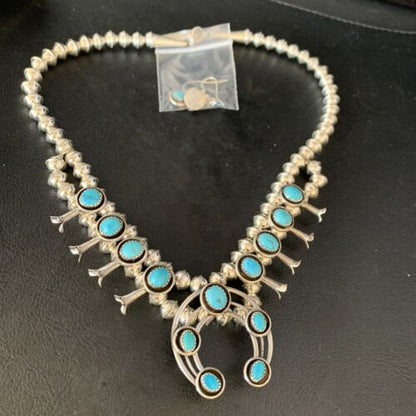 Navajo Kingman Turquoise Shadowbox Squash Blossom Necklace | Sterling Silver | Native American Handmade | 13677