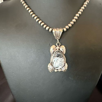 Navajo White Buffalo Turquoise Pendant Necklace | Sterling Silver | Authentic Native American Handmade | 17521