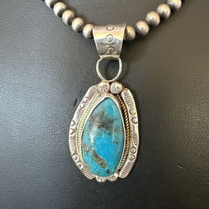 Navajo Pearls Kingman Turquoise Pendant Necklace | Sterling Silver | Authentic Native American Handmade | 17127