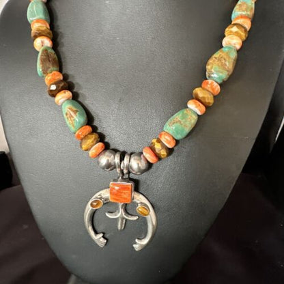 Men's Tigers Eye Green TurquoiseNaja Pendant Necklace | Navajo Sterling Silver | 24" | Authentic Native American Handmade | 15223