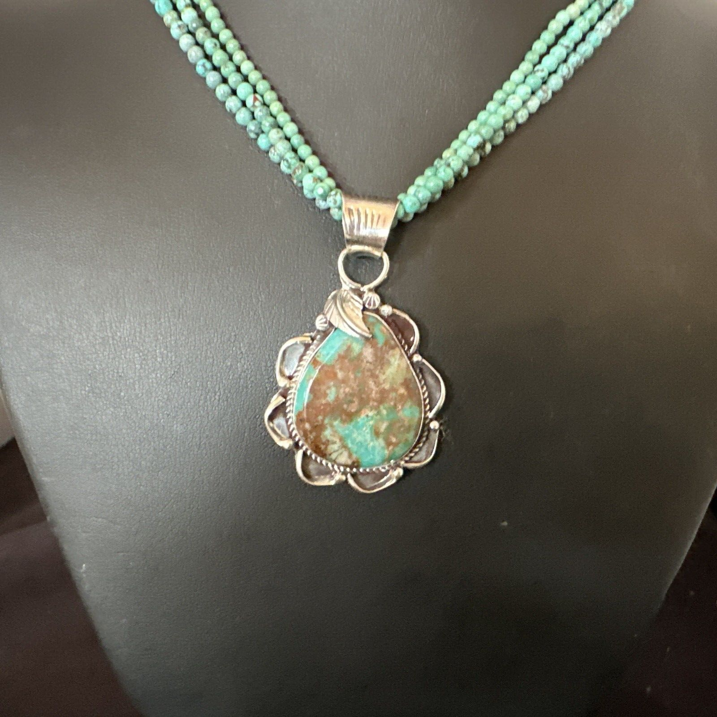 Navajo Blue Turquoise Pendant | Sterling Silver 3-Strand Bead Necklace | 17" | Authentic Native American Handmade | 15995
