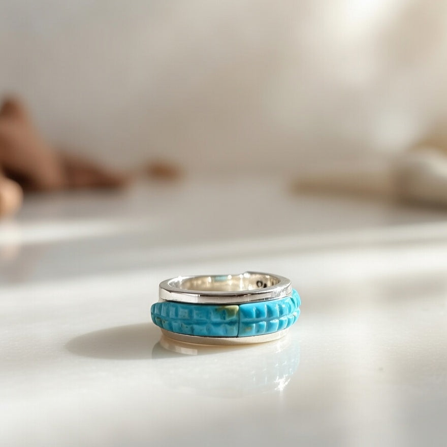 Blue Turquoise Navajo Corn Inlay Band Ring Size 8.5 | Sterling Silver | Authentic Native American Handmade | 18815