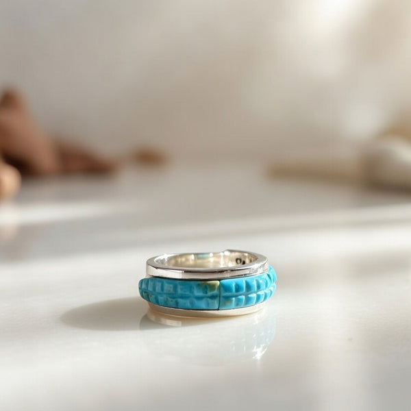 Blue Turquoise Navajo Corn Inlay Band Ring Size 8.5 | Sterling Silver | Authentic Native American Handmade | 18815