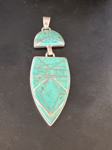 Navajo Sterling Silver Pendant with Gorgeous Blue Turquoise Inlay | Authentic Native American | 3.25" | 15178