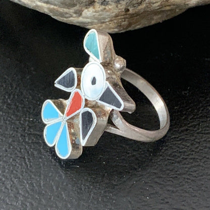 Zuni Peyote Bird Ring | Sterling Silver Coral Turquoise Onyx Mother of Pearl Inlay | Sz 6 | 10214