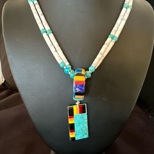 Santo Domingo Multi-Color Turquoise Necklace with Inlay Pendant | Sterling Silver | 24" | 16857 - Masha USA