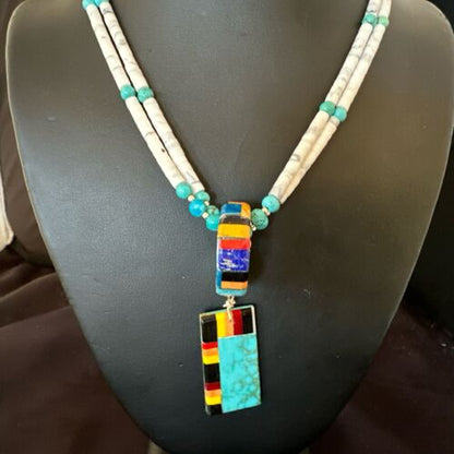 Santo Domingo Multi-Color Turquoise Necklace with Inlay Pendant | Sterling Silver | 24" | 16857 - Masha USA